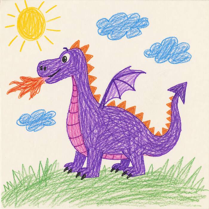A purple crayon dragon breathing fire under a yellow sun