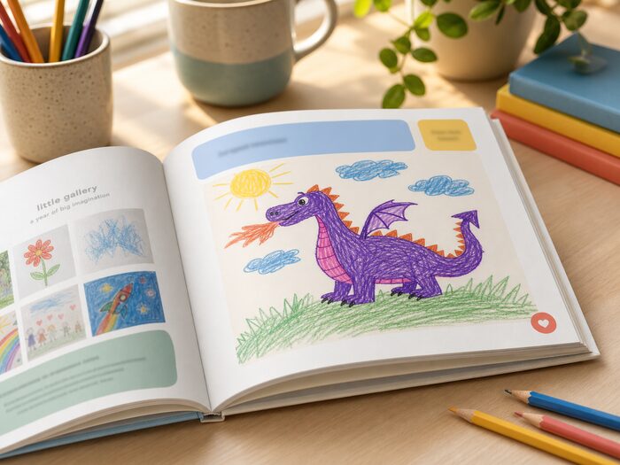 Design mockup of an open keepsake book spread showing the dragon drawing printed across two pages