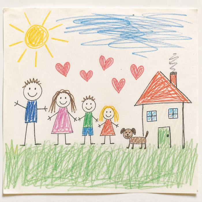 A crayon drawing of a family, a dog, and a house