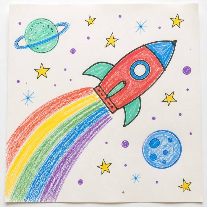 A crayon rainbow rocket drawing