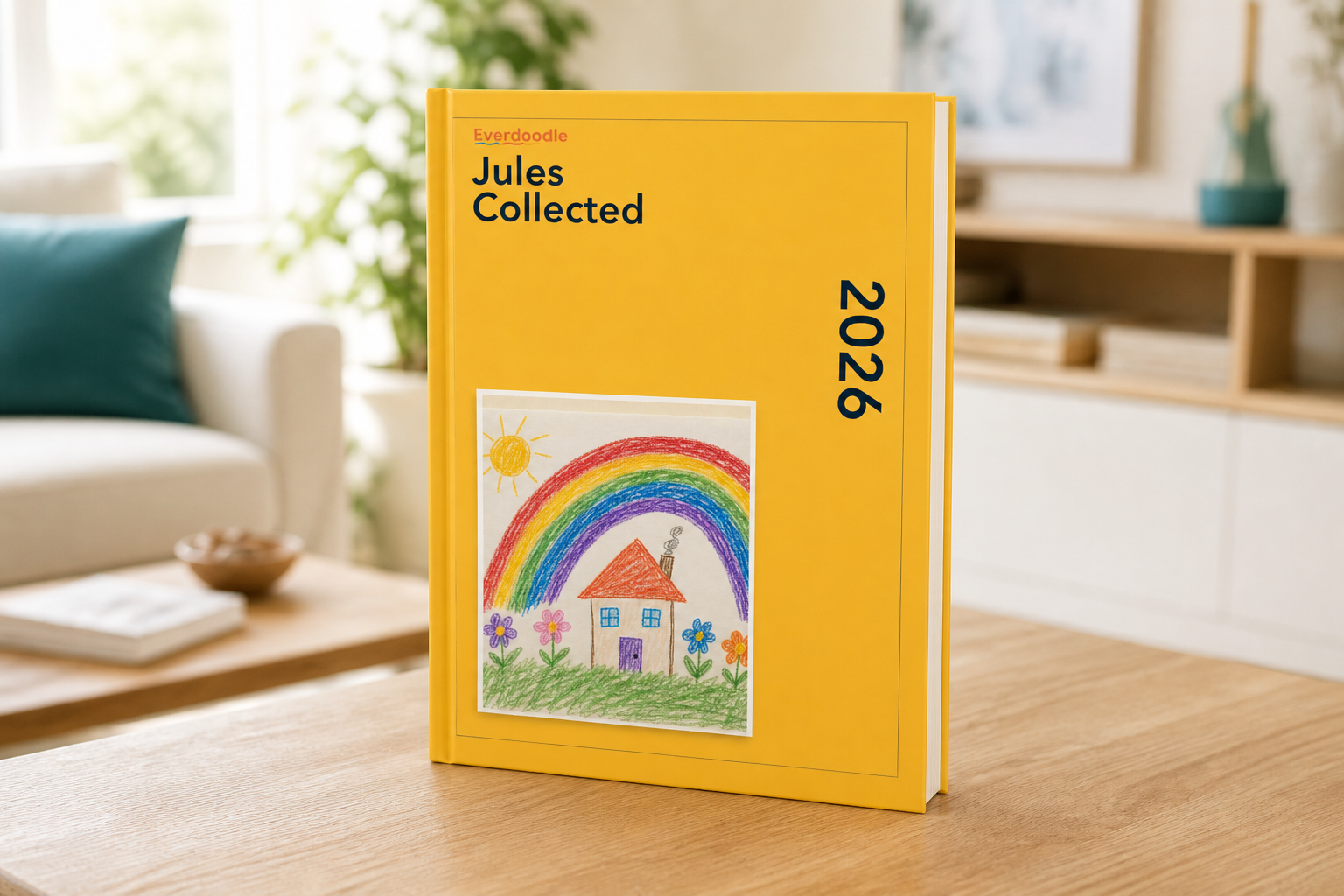 Design mockup of a Sun Catalog A4 hardcover on a wooden table