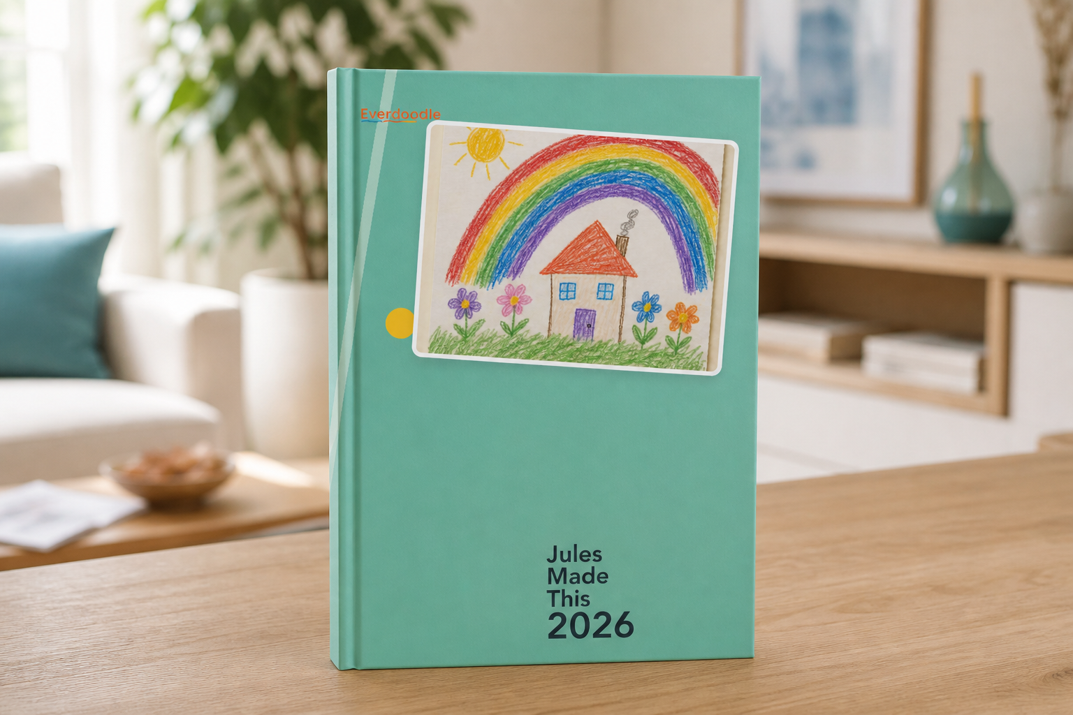 Design mockup of a Mint Sticker A4 hardcover on a wooden table