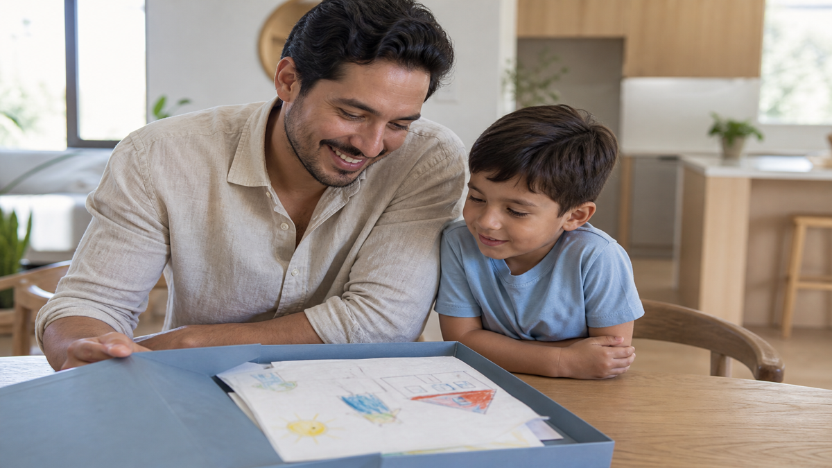 A father and son at a table looking through a keepsake box of the child's artwork