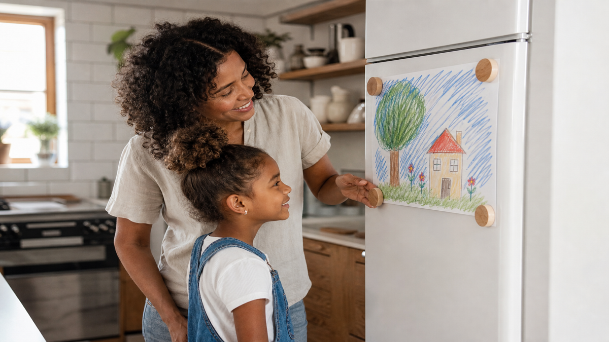 A mother and daughter in a kitchen, sharing a drawing on the refrigerator