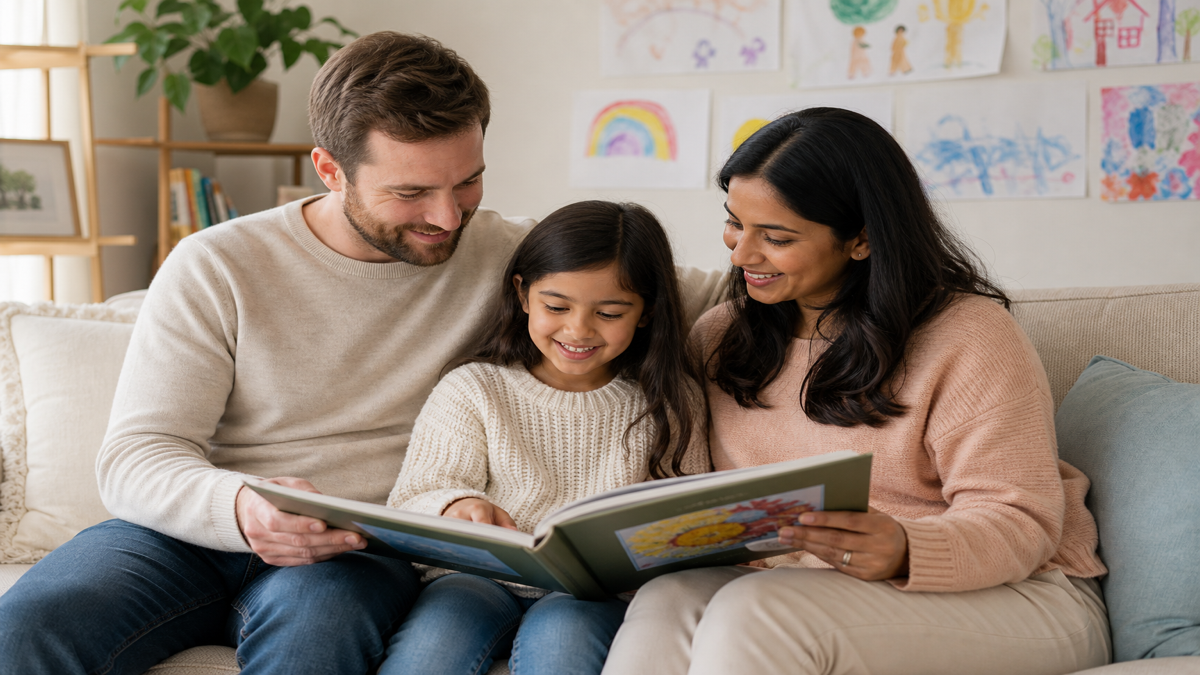 Parents and their daughter on the sofa looking through a book of children's art