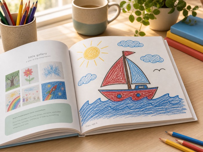 Design mockup of an open keepsake spread showing the sailboat drawing printed and bound
