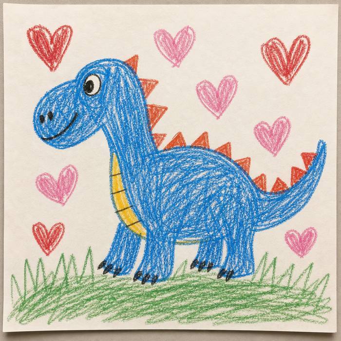 A blue crayon dinosaur surrounded by hearts