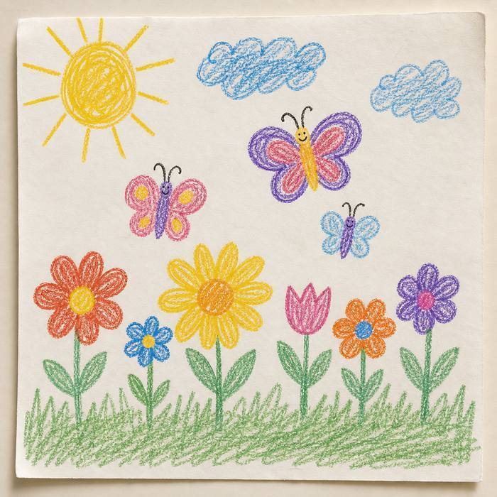 A crayon flower garden with butterflies under a smiling sun