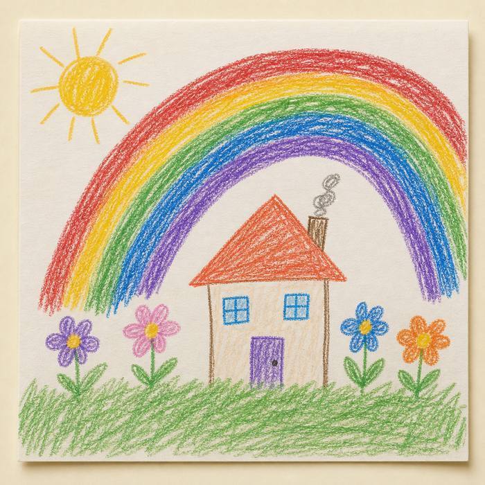 A crayon rainbow arching over a little house with flowers