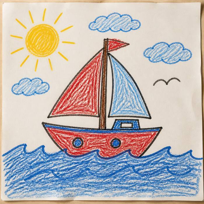A crayon sailboat with red and blue sails on a wavy sea