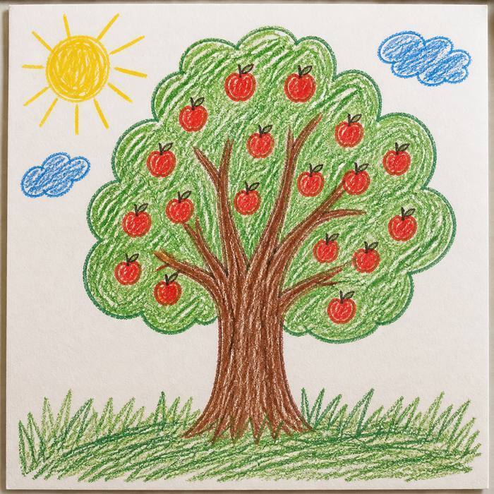 A crayon apple tree full of red apples