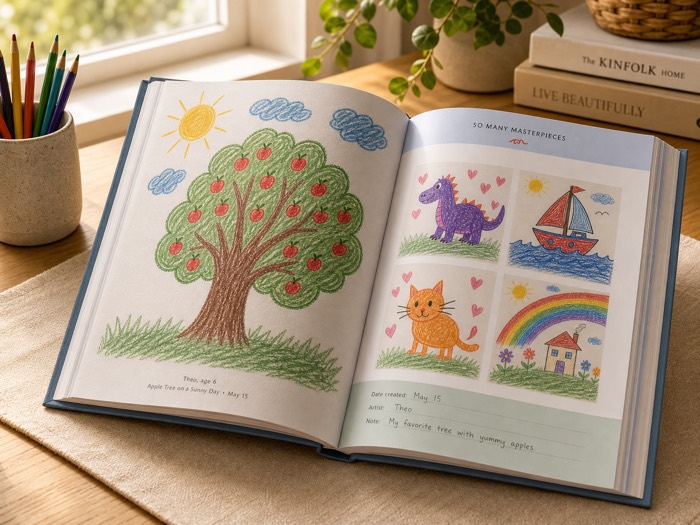 Design mockup of a hardcover spread with the apple tree drawing full page and a printed caption